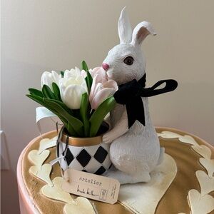 Nicole Miller Resin Easter Bunny Rabbit with Black & White Checked Pot of Tulips